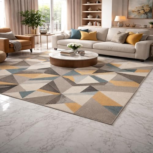 Tapis salon géométrique beige et gris doux pour réchauffer le sol - 2