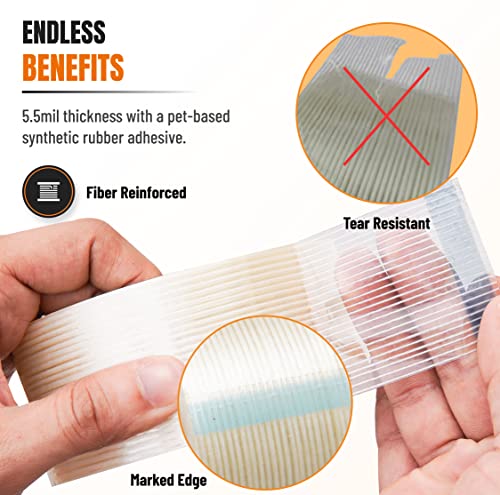 Image of Filament Strapping Tape (1.88 inch x 30 yds, Pack of 4) Transparent 5.5mil Reinforced Fiberglass Tape - Synthetic PET Adhesive Heavy Duty
