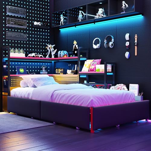 Estructura de cama de metal estilo gaming con 3 cajones, iluminación LED, puertos USB, pared perforada y estantes laterales – Cama resistente con espacio de almacenamiento inteligente para