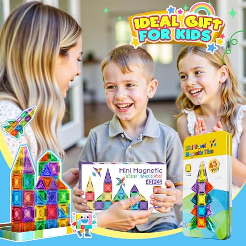 43 Pcs Mini Travel Magnetic Tiles Set, Toys for 3 4 5 6 Year Old Boys Girls, Plane Activities for Kids, Toddlers Learning Toys Magnetic Blocks Building Travel Toys Birthday Gift for Kids - Image 7