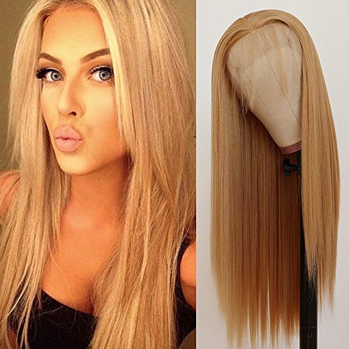 QD-Tizer Lace Front Wigs, Long Straight Hair Honey Blonde Wig Glueless Heat Resistant Fiber Hair Synthetic Lace Front Wigs for Fashion Women 22 inch