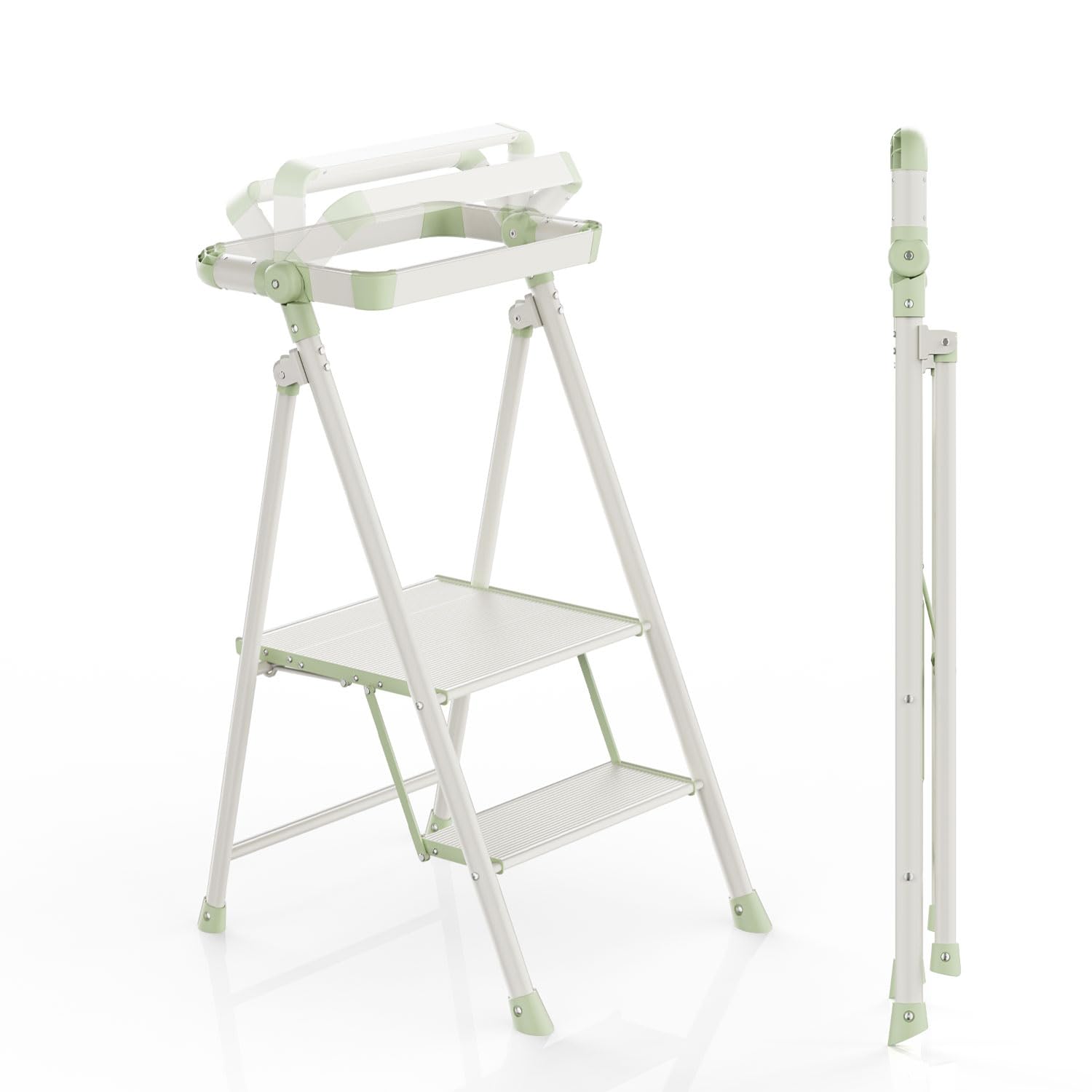 UNICOO® Foldable Toddler Tower, 2-Step Kids Kitchen & Home Helper Stool with Safety Rails, Compact Folding Step Stool for Toddlers & Adults, Multi-Use in Kitchen & Bathroom (Matcha Green)