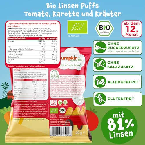 Pumpkin Organics Kindersnack Bio Linsen Puffs Tomate, Karotte und Kräutern (8er Pack) Baby Snacks ohne Zusatzstoffe ab dem 12. Monat - allergenfreie² und glutenfreie² Knuspersnacks für Kinder (8x20g)