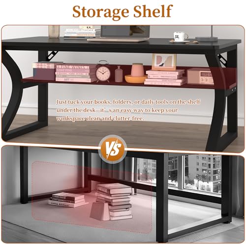 Image of 47 inch Computer Desk, Home Office Desk with Storage Shelf, Sturdy U-Shaped Metal Frame Study Table with Cable Management, Gaming Desk for Office & Bedroom (Black, 47inch)