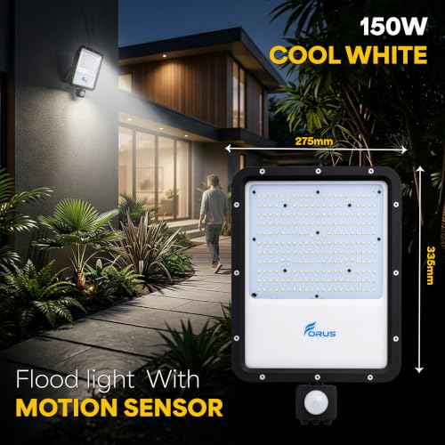 Image of Forus 150W LED Flood Light Cool White with Motion Sensor Auto On Off Day Night Mode Waterproof Outdoor Security Light for Garden Parking Garage Factory Shop High Bright Floodlight 4Yr Warranty-1Pc