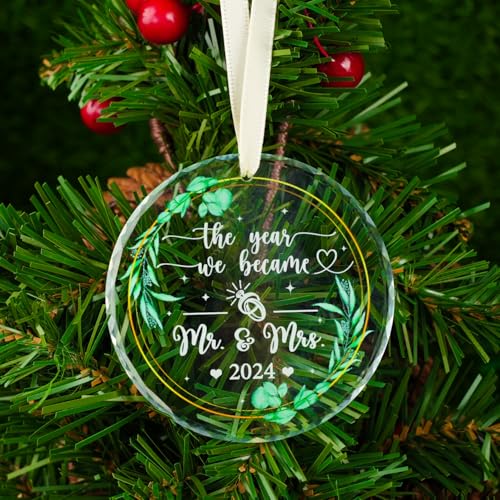 Image of First Christmas Married Ornament 2024 - Crystal Glass Wedding Ornament for Christmas Tree - Mrs and Mrs Wedding Gifts - 1st Christmas Married Keepsake for Newlyweds - Just Married Home Decor