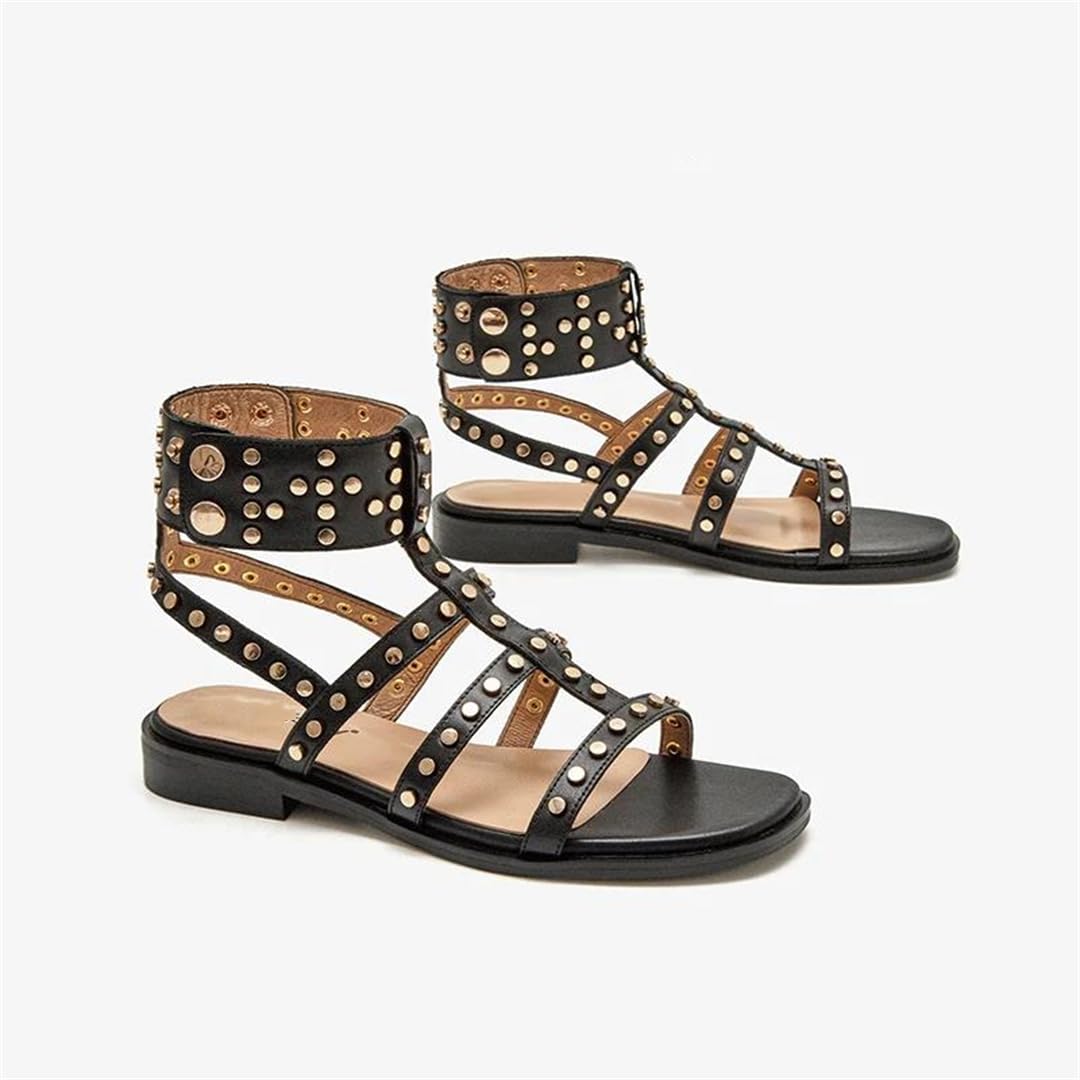 Sandalias de gladiador con correa de hebilla y correa al tobillo para mujer, tacón cuadrado, lado abierto, estilo gladiador, piel de vaca, detalle de remaches, estilo romano casual