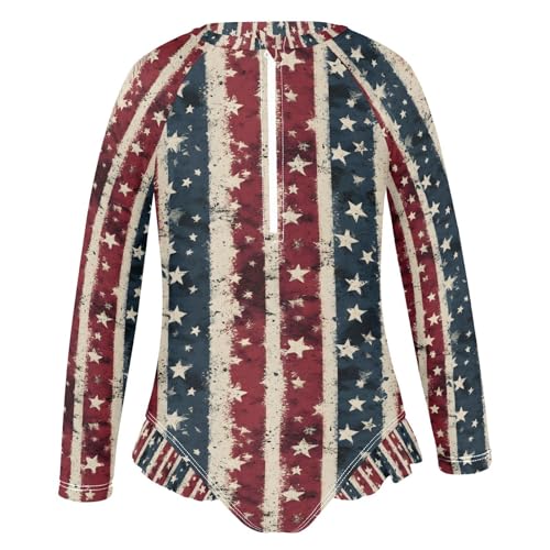 ALAZA Retro Striped Star American Flag Girls One Piece Swimsuit Long Sleeve Rashguard Swimsuit UV 50+ Swimwear Zip2