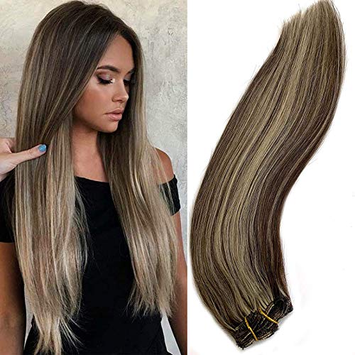 Licoville Clip in Hair Extensions Real Human Hair, 18 Inch Short Dark Brown with Bleach Blonde Highlight Clip in Extensions Double Weft 70grams 7pcs Balayage Hair Extensions for Highlights