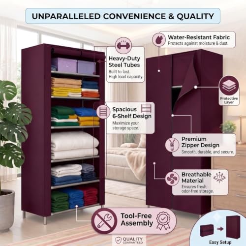 Image of YouCopia Collapsible Wardrobe 6 Shelves Storage Clothes Storage Rack Quick Wardrobe /Cabinet /Multipurpose Storage Rack, Foldable, Collapsible Fabric Organizer for Home Office (Maroon, 6-Layer)