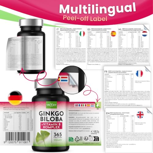 Ginkgo Biloba 6000mg pro Tablette, 365 Stück - Preis-Leistungs-Sieger + B-Vitamin Power Komplex, ohne Zusätze, Laborgeprüft… – Ansicht 7