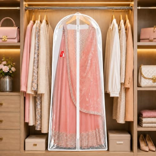 ABLE 62 Inch Dresses Cover Wedding & Lehenga Dress Cover Garment Bag with 14 Inch Gusset, Dust Protector, for Extra Wide Dress. White Clear PVC Fabric Pack of 7 Pcs