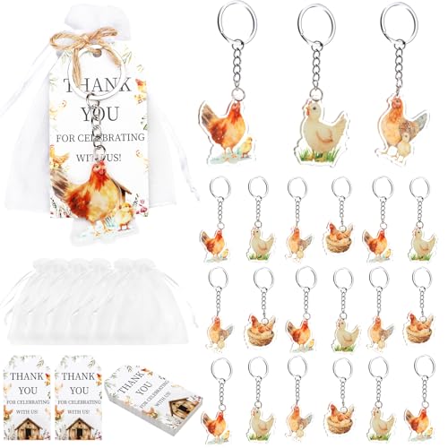 Serencatcher 24 Sets Realistic Chicken Party Favors, Chicken Acrylic Keychains Thank You Tags Organza Bags & Twine for Little Chick Birthday Baby Shower Farm Animal Themed Party Decorations Gifts