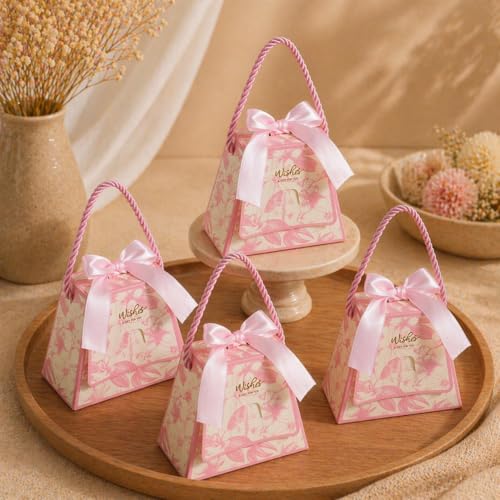 Image of SATYAM KRAFT 20 Pcs Decorative Gift Box with Handle & Ribbon Premium Floral Printed Packaging Small Paper Box for Gifting, Storage, Return Gift, Wedding, Birthday, Chocolate, Dry Fruit (Pink)