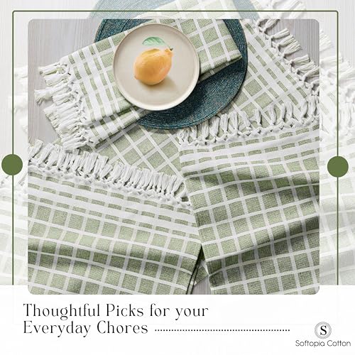Image of Matrix Dobby Kitchen Towels 4 Pack 100% Cotton, 16x26 Inches, Fast Drying, Absorbent Dish Towels with Handmade Tassels, Reusable Cleaning Cloths for Daily Use - Mint Green, White