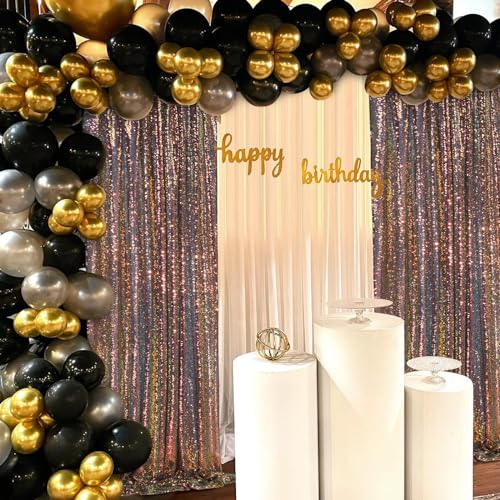 Image of SoarDream Black Gold Sequin Backdrop 6 Pcs 2ftx8ft Sparkly Glitter Birthday Party Cake Table Background Draping Fabric