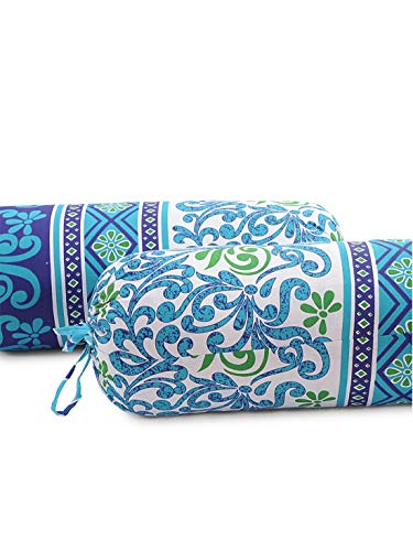 Image of Swayam Set of 2 Roto Cotton Bolster Cover | 30x30 Inch | Soft Breathable Masnad Cover 144TC | Durable & Washable | Ethnic Motif Print Bolster Cover for Diwan, Bed & Sofa - Blue