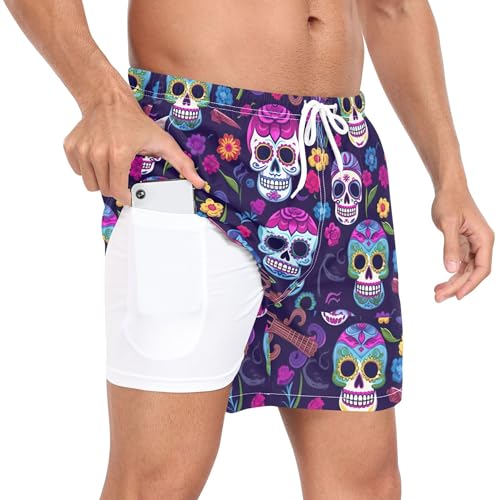xigua Skull Flower Mens Swim Trunks with Liner, 5 inch Quick Dry Mens Boardshorts for Beach2