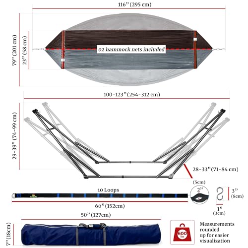 Image of Tranquillo Combo x2 Hammocks with Stand for Outside & Tree Straps, Heavy Duty Hammock with Stand 600lbs for Indoor Outdoor Patio Backyard, x2 Hammocks for 2 Person (Combo - Brown, Medium)