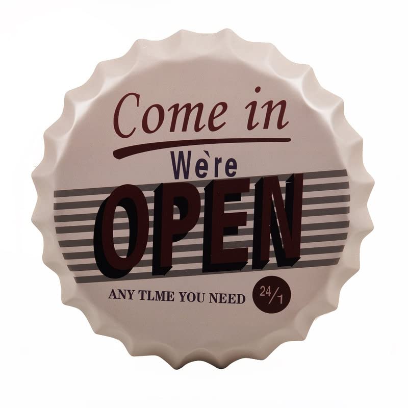 EAZYWAGON Decorative Metal Bottle Caps Wall Sign Plates - 14X14 Inches – We Are Open | Metal Sign Wall Hanging Bottle Cap for Home, Bar & Cafe Decoration | Retro & Vintage Scratch Look Wall Plaques-image-1