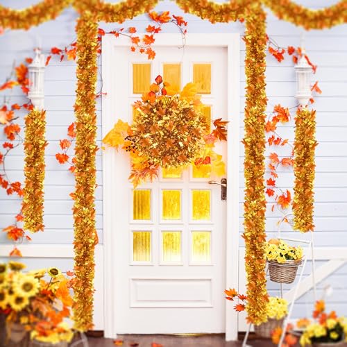 Image of 50FT Thanksgiving Tinsel Garland, Tinsel Garland Hanging Streamers Maple Leaf Metallic Holiday Tinsel Fall Hanging Oranment for Autumn Thanksgiving Day Halloween Party Decoration