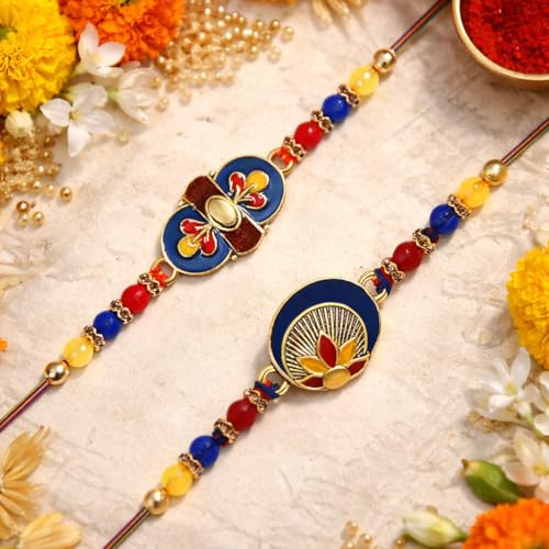 Image of Riddhika Ventures Stylish Kundan and AD Ring Rakhi (Set of 2) with Roli Chawal and Greeting Card || Raksha Bandhan Traditional Festive Gift (B1C1)