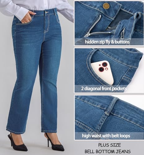 Hanna Nikole Women's Plus Size Wide Flared Jeans High Waisted Stretchy Bell Bottom Denim Jeans (Standard and Plus)