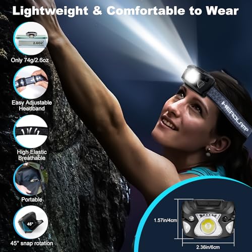 Lampe Frontale Rechargeable 2 pièces, 2000 Lux Superbrighte LED Puissante avec Voyant Rouge,6 Modes d'Éclairage,Capteur Mouvement, Affichage de Puissance IPX4 Étanche Lampe Frontale Running, Camping – Image 4