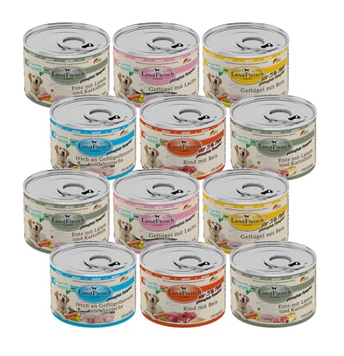 Landfleisch Hundefutter 12 x 195g Mixpaket | garantierter 4 Sorten Mix | Nassfutter für Hunde | Ohne Zusatz von Gluten, Zucker, GVO und Sojaprodukten