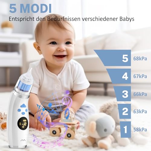 TTAWIFT Aspirador nasal para bebé, impermeável IP65, aspirador nasal para bebé, elétrico, recarregável, aspirador nasal elétrico com 5 modos, 3 pontas de silicone, luz colorida e música