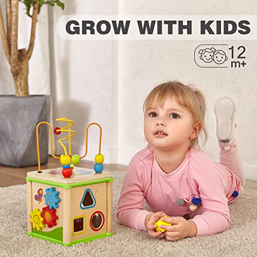 TOP BRIGHT Motorikwürfel ab 1 Jahr Holz, 5-in-1 Spiele-Center Aktivität Würfel für Baby Lernspielzeug ab 12 Monate, pädagogisches Spielzeug für Jungen und Mädchen Geschenke – Bild 3