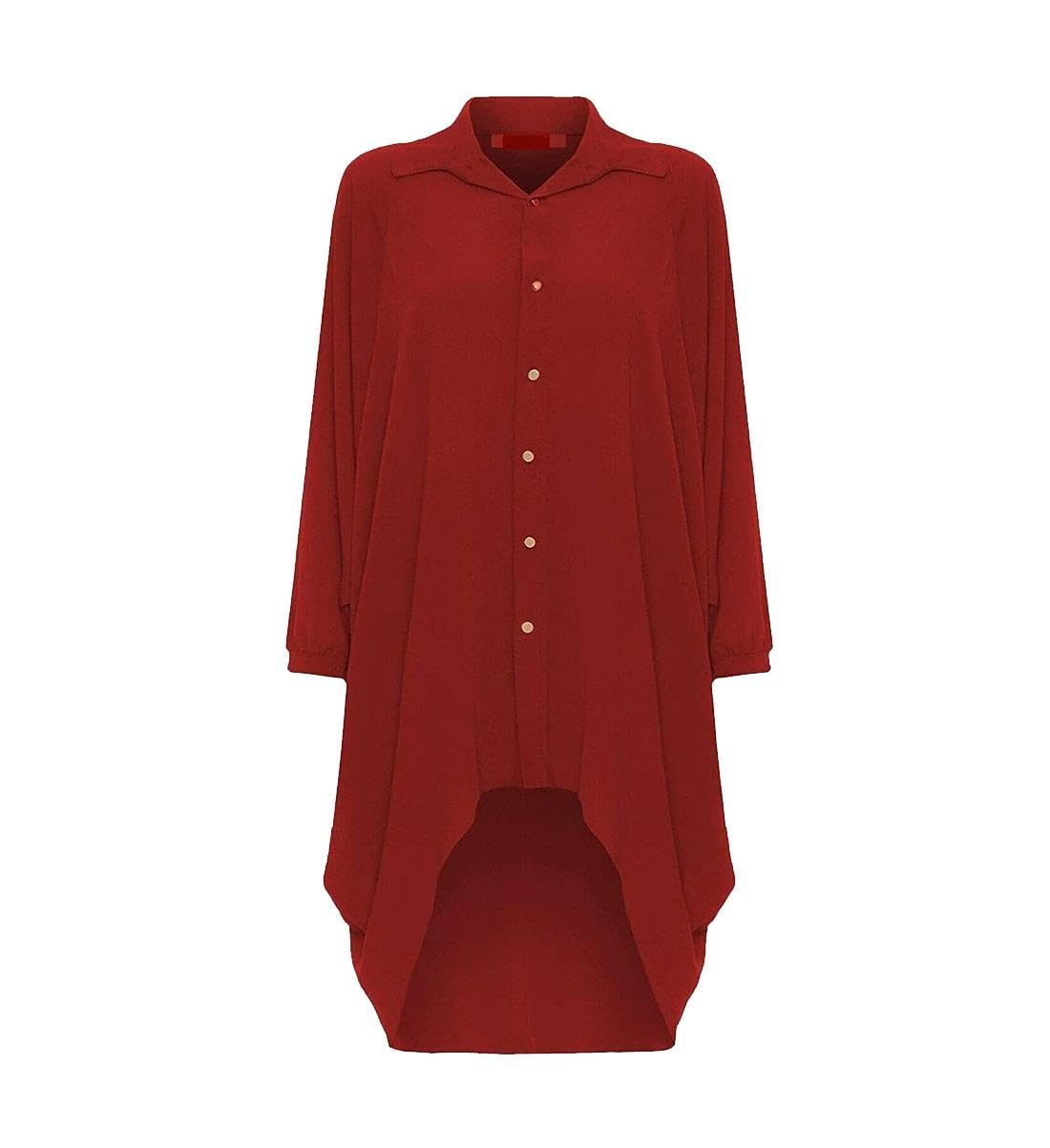 Womens Dip Hem High Low Button Collar Shirt Ladies Long Sleeve Hi Lo Dress Top Fancy Party Wear Blouse Plus Size Flowing Tunic Asymmetric Hem Stylish Evening Casual Fashion UK 8-26 Wine