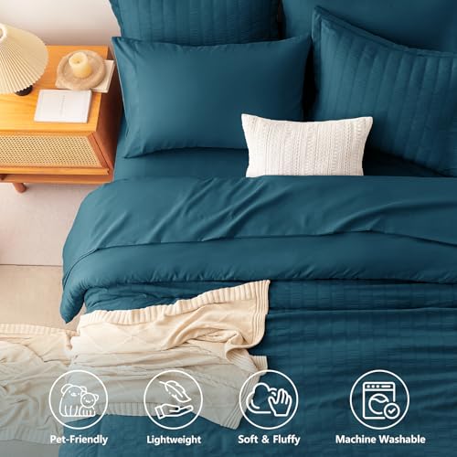 Image of CozyLux King Size Comforter Set Lyons Blue, 7 Pieces Seersucker Textured Luxury Bed in a Bag, All-Season Soft Bedding Sets with Down Alternative Comforter, Sheets, Pillowcases & Shams, Bedroom Bed Set