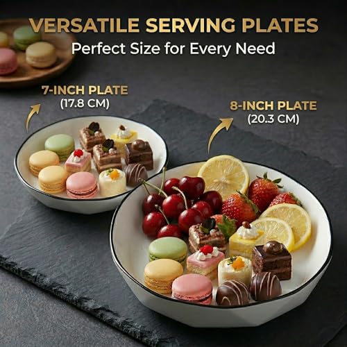 Image of Premium White Ceramic Pasta Dishes Set of 4, 7-Inch Large Shallow Salad Plates with Elegant Black Rim, Modern Geometric Faceted Design, Stackable, Microwave & Dishwasher Safe Dinnerware