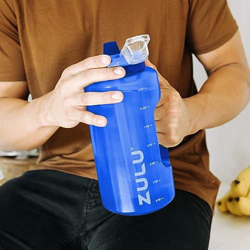 Image of ZULU Goals 64oz Half Gallon Plastic Water Bottle with Straw and Time Marker | Large Reusable Jug with Handle and Leak Proof Lid for All Day Hydration, Gym and Outdoors, Gift Ready, Royal Blue