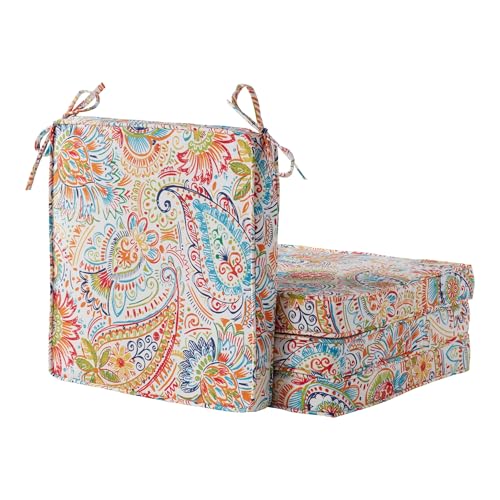 Outdoor 18 inch Square Patio Dining Chair Pads – Comfortable Fiber-Filled Seat Cushions with Ties, Reversible Polyester Fabric - Jamboree Paisley, Set of 4