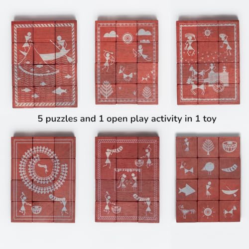 Image of 3D Wooden Toys for Kids 3-8 Yrs | 6 Puzzles in 1 Toy + 30 Activities | 12 Natual Wooden Puzzles for Kids with Activity Book | Indian Folk Art Wooden Blocks | Warli Theme