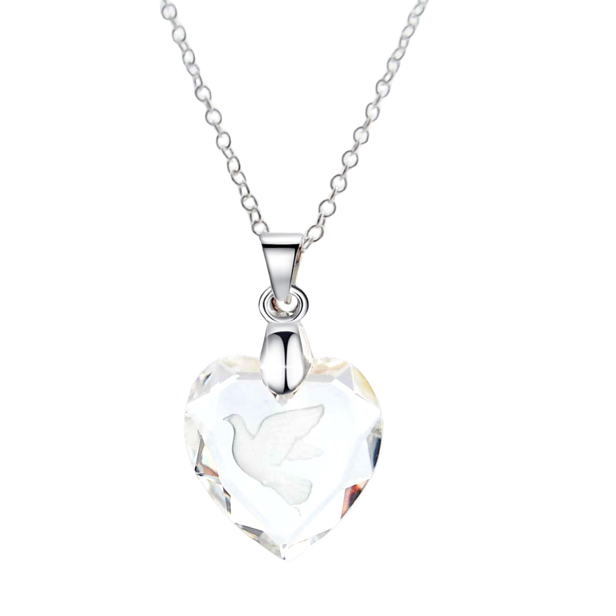 Vintage Clear Austrian Crystal Heart with Etched Dove Pendant Necklace on Sterling Silver Chain for Women and Valentine's Day Gift