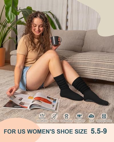 Image of yeuG Pilates Grip Socks for Women Yoga Slouch Socks with Grip for Barre Knee High Boot Socks Long Scrunch Slipper Socks