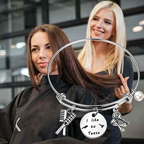 Image of HOLLP Expandable Hairdresser Bracelet Hair Stylist Charm Bracelet with Comb Hair Drier Charm Hairdresser Jewelry I like to Tease Bracelet Gift for Stylists