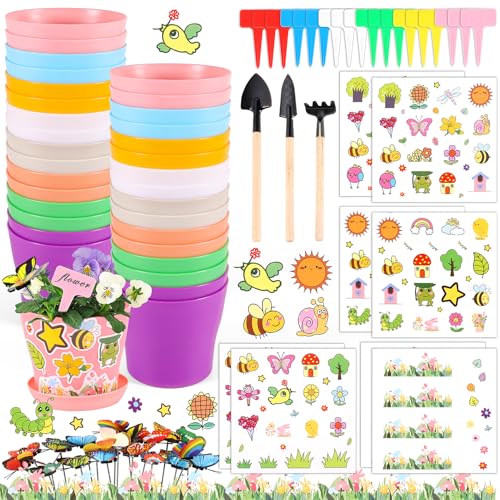 Aweyka 32 Set Garden Plastic Pot Craft Kit DIY Flower Plant Crafts Nursery Pots with Stickers Flower Planting Growing Kit for Spring Summer Home Classroom School Creative DIY Art Project Activities