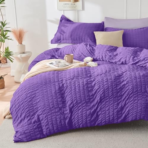Image of HYMOKEGE Dark Purple /Lavender Full Size Comforter Sets Seersucker 7 Pieces, All Season Luxury Bed in a Bag for Bedroom, Bedding Set with Comforter, Sheets, Pillowcases & Shams