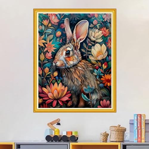 Image of Magxvouy Cross Stitch Kits Stamped Full Range of Embroidery Kits,Cross Stitch Patterns Needlework Kits for Beginners 11CT Printed Kits&Rabbit Flower 16x20 inch