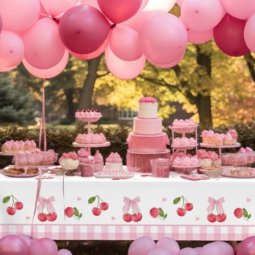 Image of Ganeen 3 Pcs Pink Bow Cherry Tablecloths Cherry Birthday Decorations Disposable Plastic Bow Rectangle Table Cover Waterproof for Birthday Baby Shower Mother's Day Wedding Party Supplies, 54 x 108 Inch
