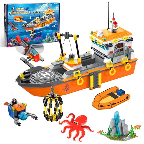 AKWME City Ocean Explorer Bateau Jeu de Construction, Jouet Construction Bateau Exploration avec lumières LED, Hélicoptère, sous Marin et Cage Requin, Cadeau Noël Anniversaire 6-12 Ans Garcon Enfant