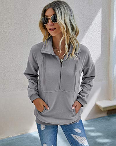 Image of PRETTYGARDEN Women's Casual Long Sleeve Zipper Sweatshirt Drawstring Loose Quarter Zip Pullover Tops with Pockets