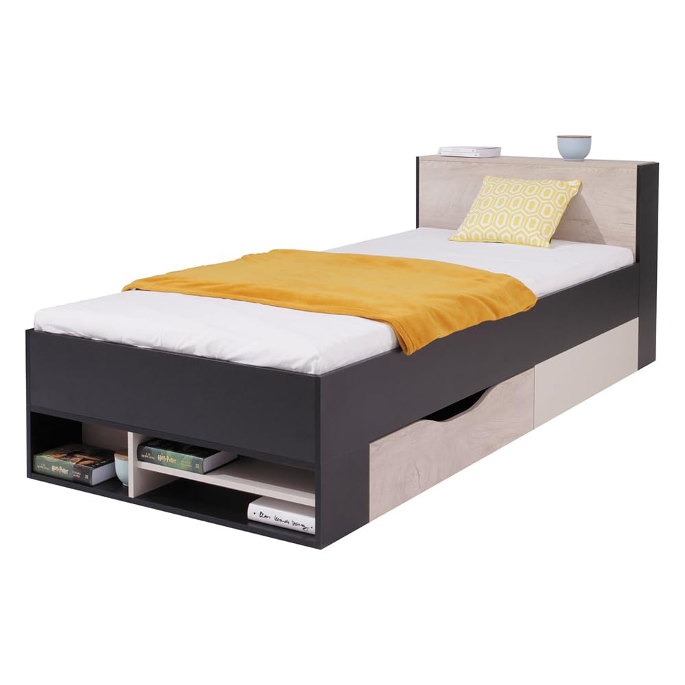 Lomadox Jugendzimmer Set 7-teilig mit Bett, Eckkleiderschrank, 2 Regalschränke, Wandboard, Schreibtisch, Schreibtischaufsatz in schwarz/braun/beige Modern