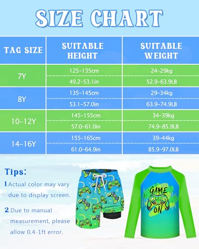 Image of Boys Rash Guard Swim Set with Swim Trunks Bathing Suit Long Sleeve Swim Shirt Quick Dry Swimsuit Kids Swimwear Size 7-16