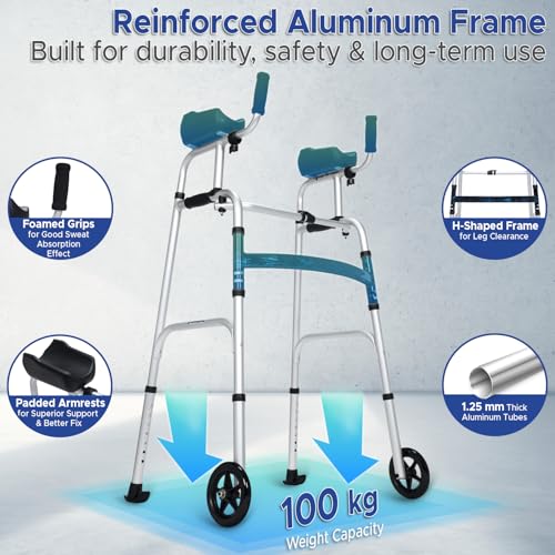 Image of KosmoCare Upright Walker With 5 inch Castors | Height Adjustable With Forearms | Folding for Elderly | Walking Aid for Adults