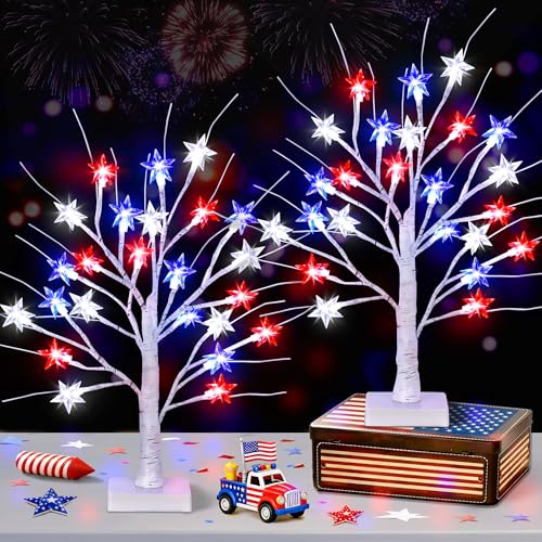 2 Pack 18' 4th of July Patriotic Tree Lights with 24 LED Red White Blue Star Lights Battery or USB Powered Lighted Tabletop Tree, Independence Day Memorial Day Decorations for Home Party Table Decor